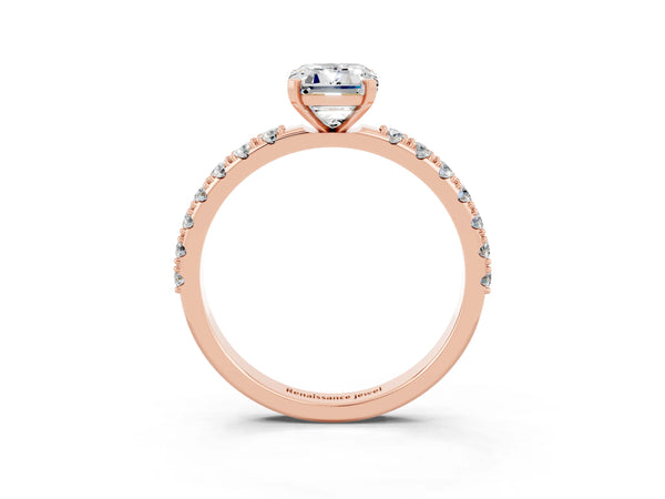 Rose gold Emerald Cut Moissanite Solitaire Pavé Band with Four-Prong Setting