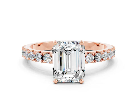 Rose gold Emerald Cut Moissanite Solitaire Pavé Band with Four-Prong Setting