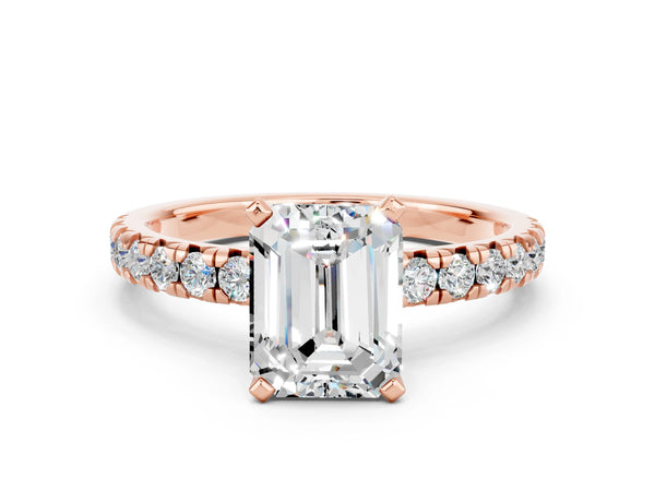 Rose gold Emerald Cut Moissanite Solitaire Pavé Engagement Ring with Round Band and Prong Setting