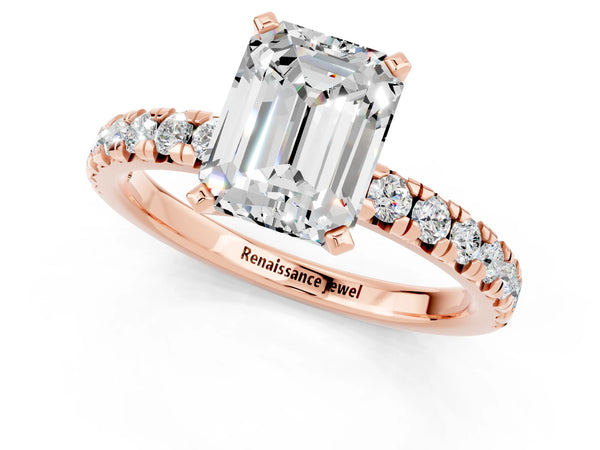 Rose gold Emerald Cut Moissanite Solitaire Pavé Engagement Ring with Round Band and Prong Setting