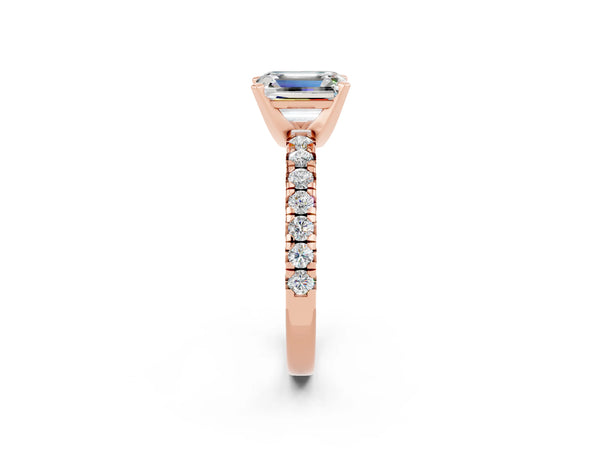 Rose gold Emerald Cut Moissanite Solitaire Pavé Engagement Ring with Round Band and Prong Setting