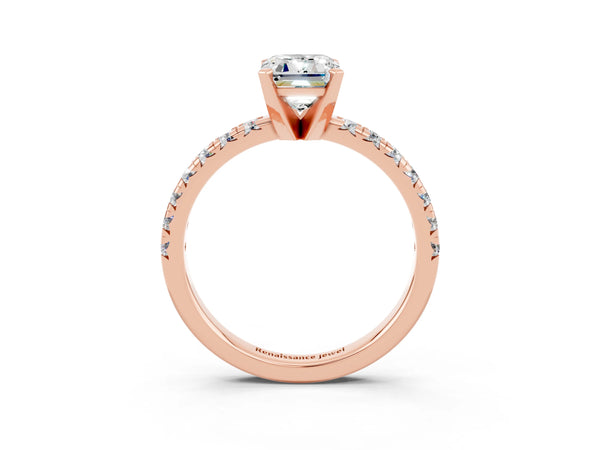Rose gold Emerald Cut Moissanite Solitaire Pavé Engagement Ring with Round Band and Prong Setting