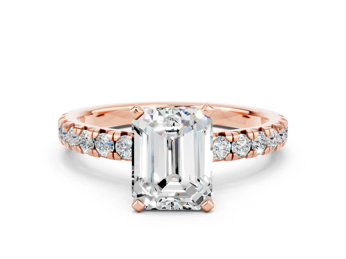 Rose gold Emerald Cut Moissanite Solitaire Pavé Engagement Ring with Round Band and Prong Setting_60