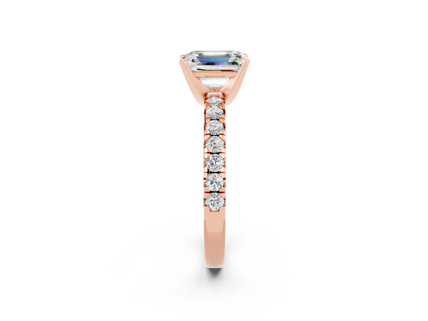 Rose gold Emerald Cut Moissanite Solitaire Pavé Engagement Ring with Round Band and Prong Setting
