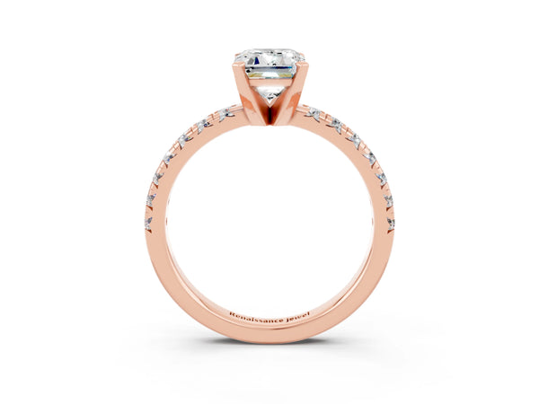 Rose gold Emerald Cut Moissanite Solitaire Pavé Engagement Ring with Round Band and Prong Setting