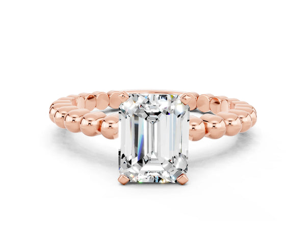 Rose gold Emerald Cut Moissanite Solitaire Ring with Beaded Band and Prong Setting