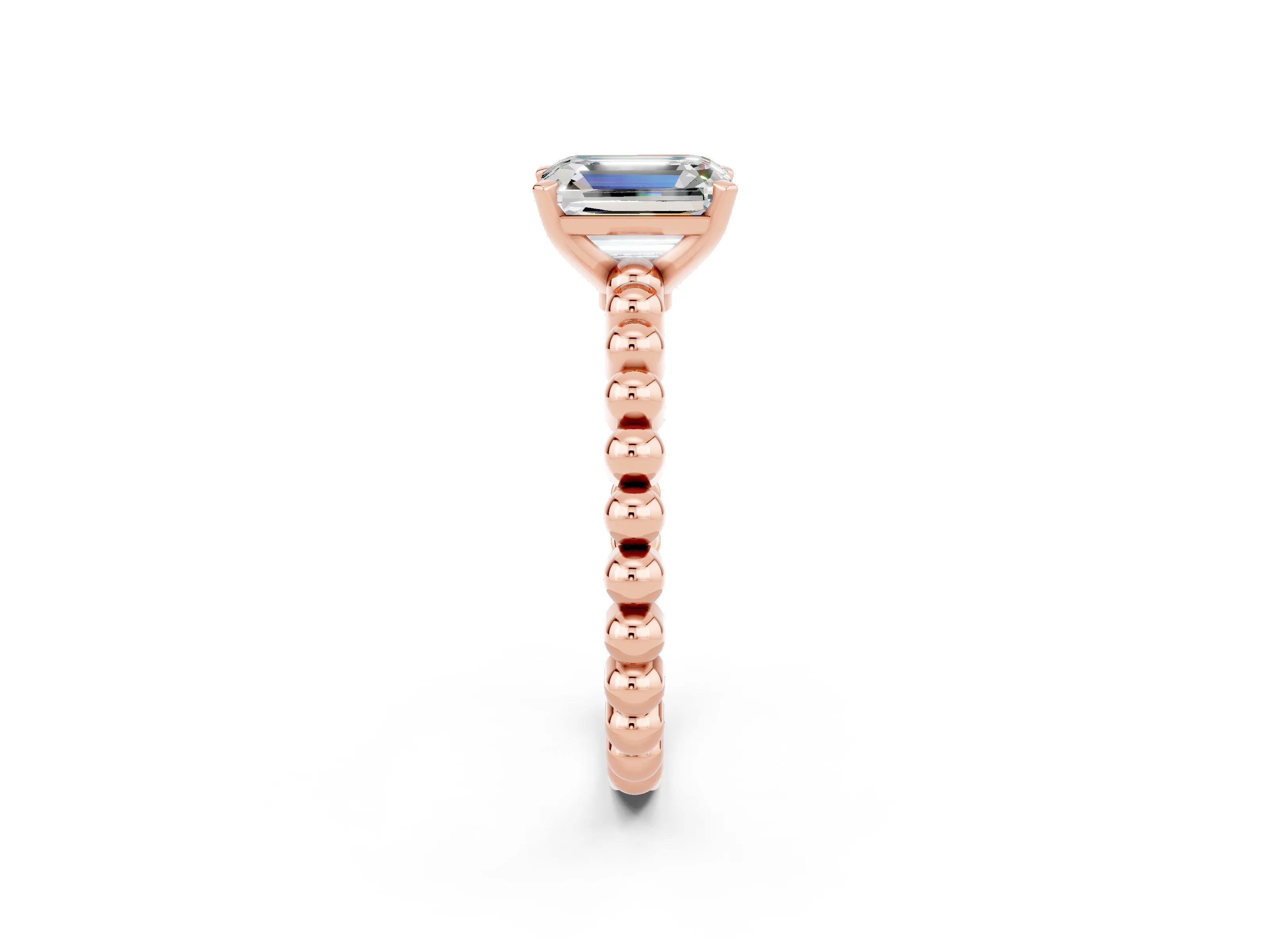 Rose gold Emerald Cut Moissanite Solitaire Ring with Beaded Band and Prong Setting_2