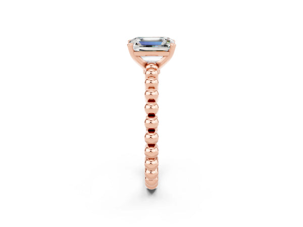 Rose gold Emerald Cut Moissanite Solitaire Ring with Beaded Band and Prong Setting
