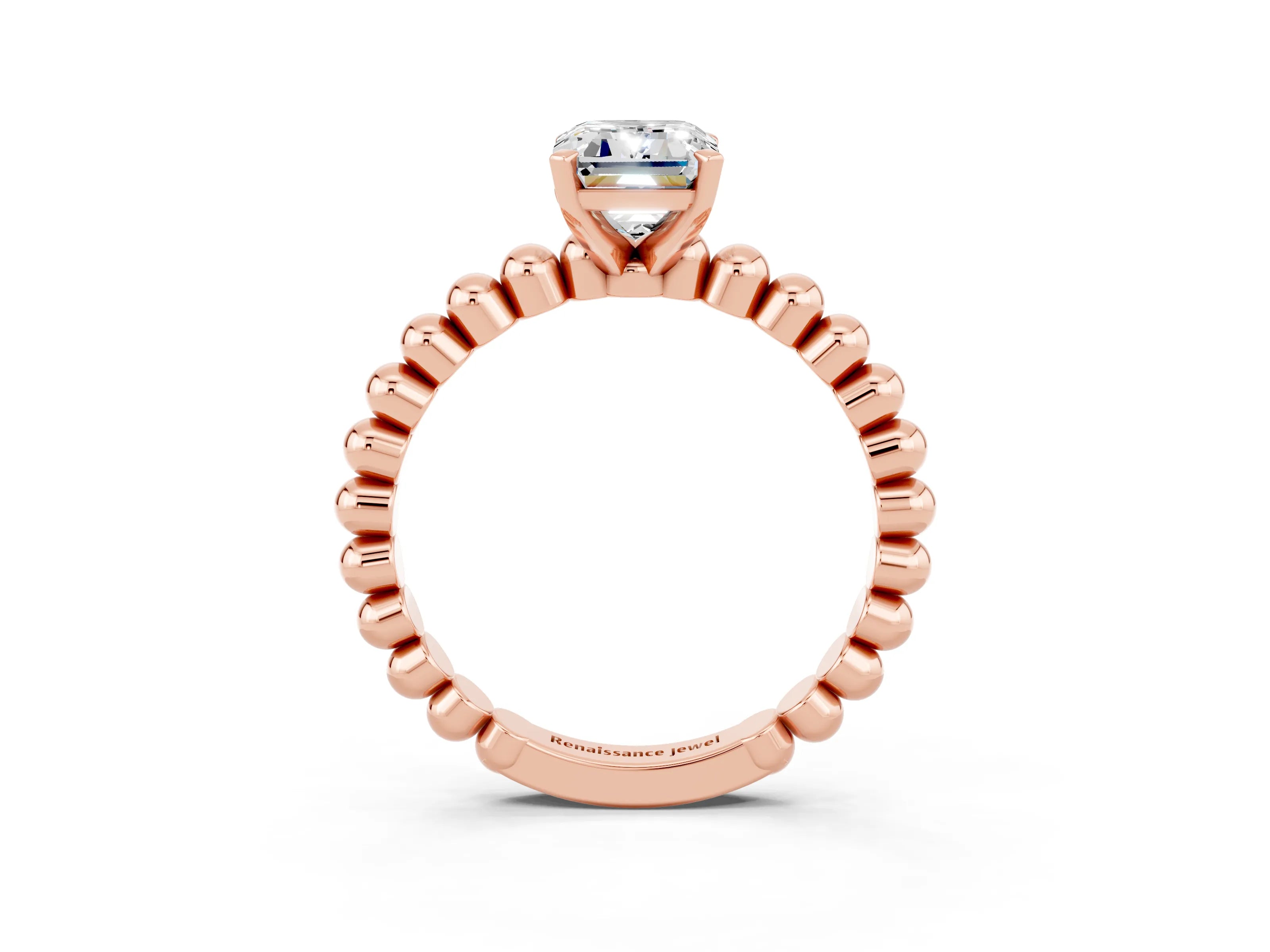 Rose gold Emerald Cut Moissanite Solitaire Ring with Beaded Band and Prong Setting_3