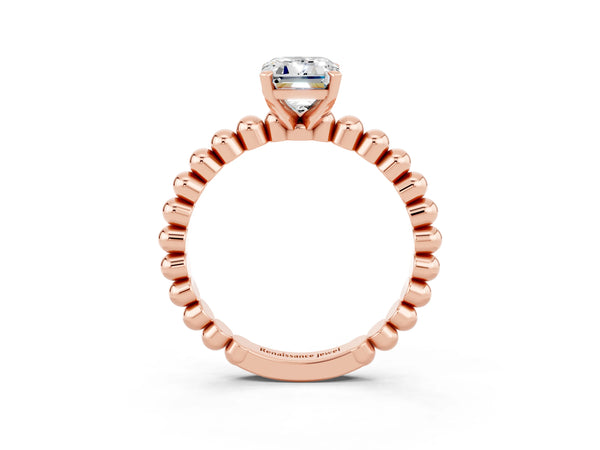 Rose gold Emerald Cut Moissanite Solitaire Ring with Beaded Band and Prong Setting