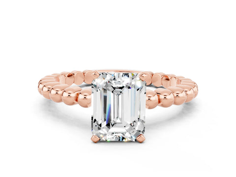 Rose gold Emerald Cut Moissanite Solitaire Ring with Beaded Band and Prong Setting