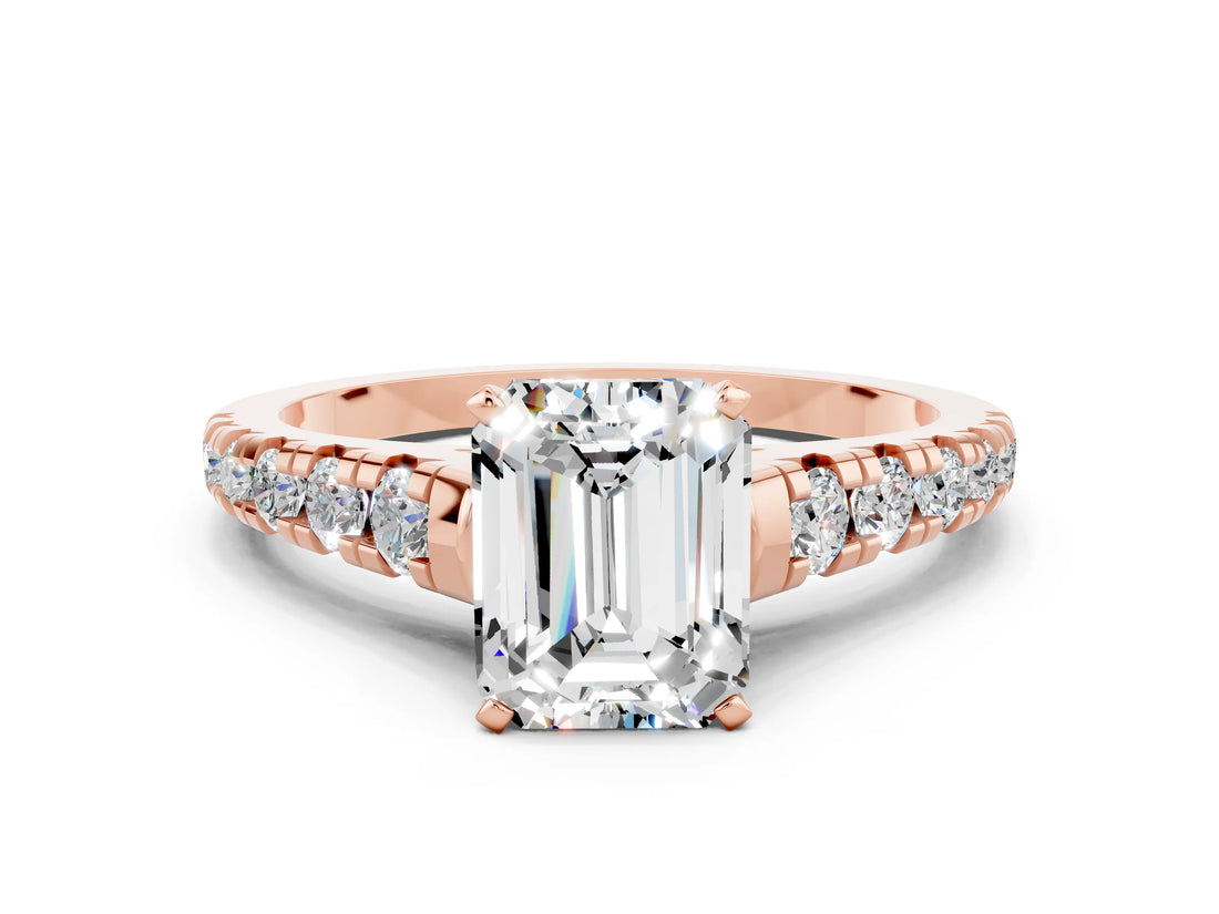 Rose gold Emerald Cut Moissanite Solitaire Ring with Cathedral Setting and Pavé Band