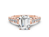 Rose gold Emerald Cut Moissanite Solitaire Ring with Cathedral Setting and Pavé Band