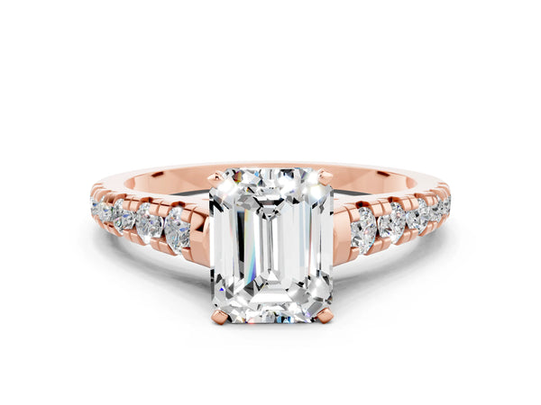 Rose gold Emerald Cut Moissanite Cathedral Solitaire Ring with Round  Pavé Band