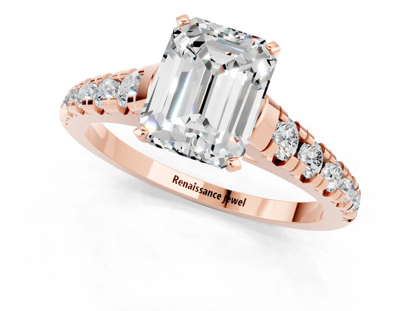 Rose gold Emerald Cut Moissanite Cathedral Solitaire Ring with Round  Pavé Band