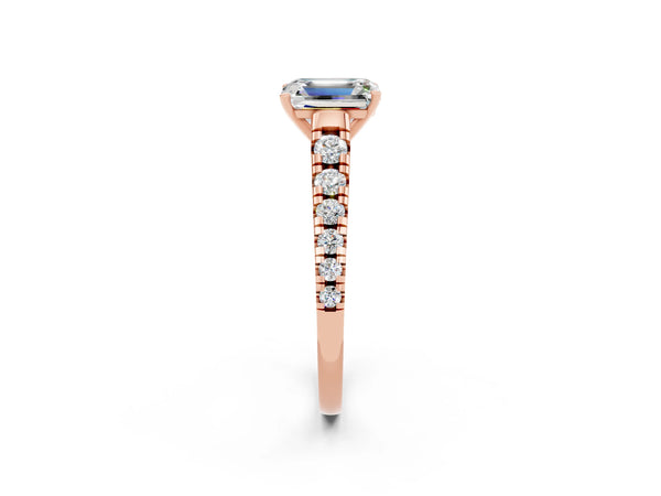 Rose gold Emerald Cut Moissanite Cathedral Solitaire Ring with Round  Pavé Band