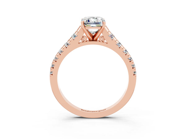 Rose gold Emerald Cut Moissanite Cathedral Solitaire Ring with Round  Pavé Band