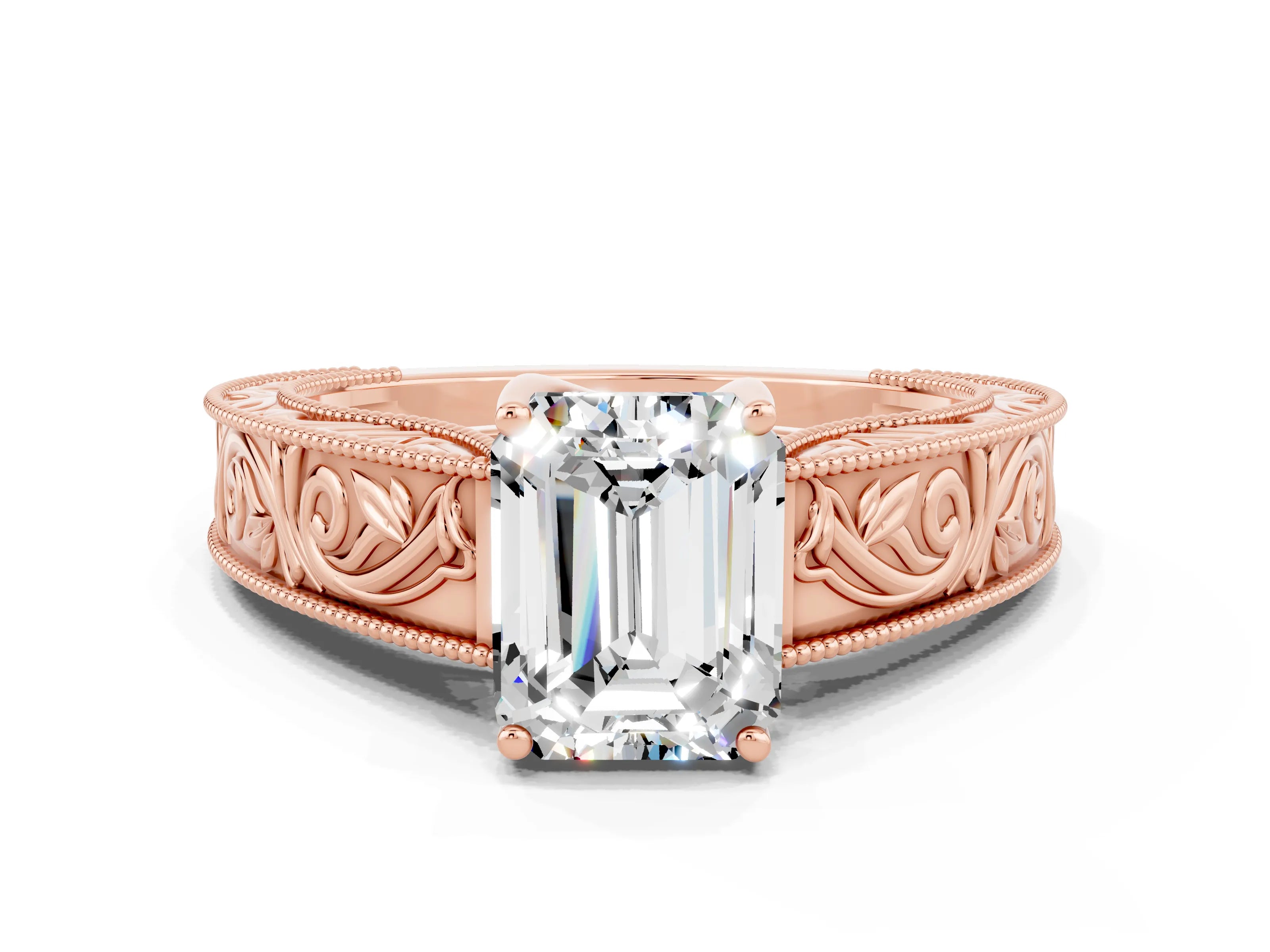 Rose gold Emerald Cut Moissanite Solitaire Ring with Engraved Band and Four-Prong Setting