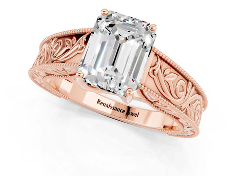 Rose gold Emerald Cut Moissanite Solitaire Ring with Engraved Band and Four-Prong Setting_1