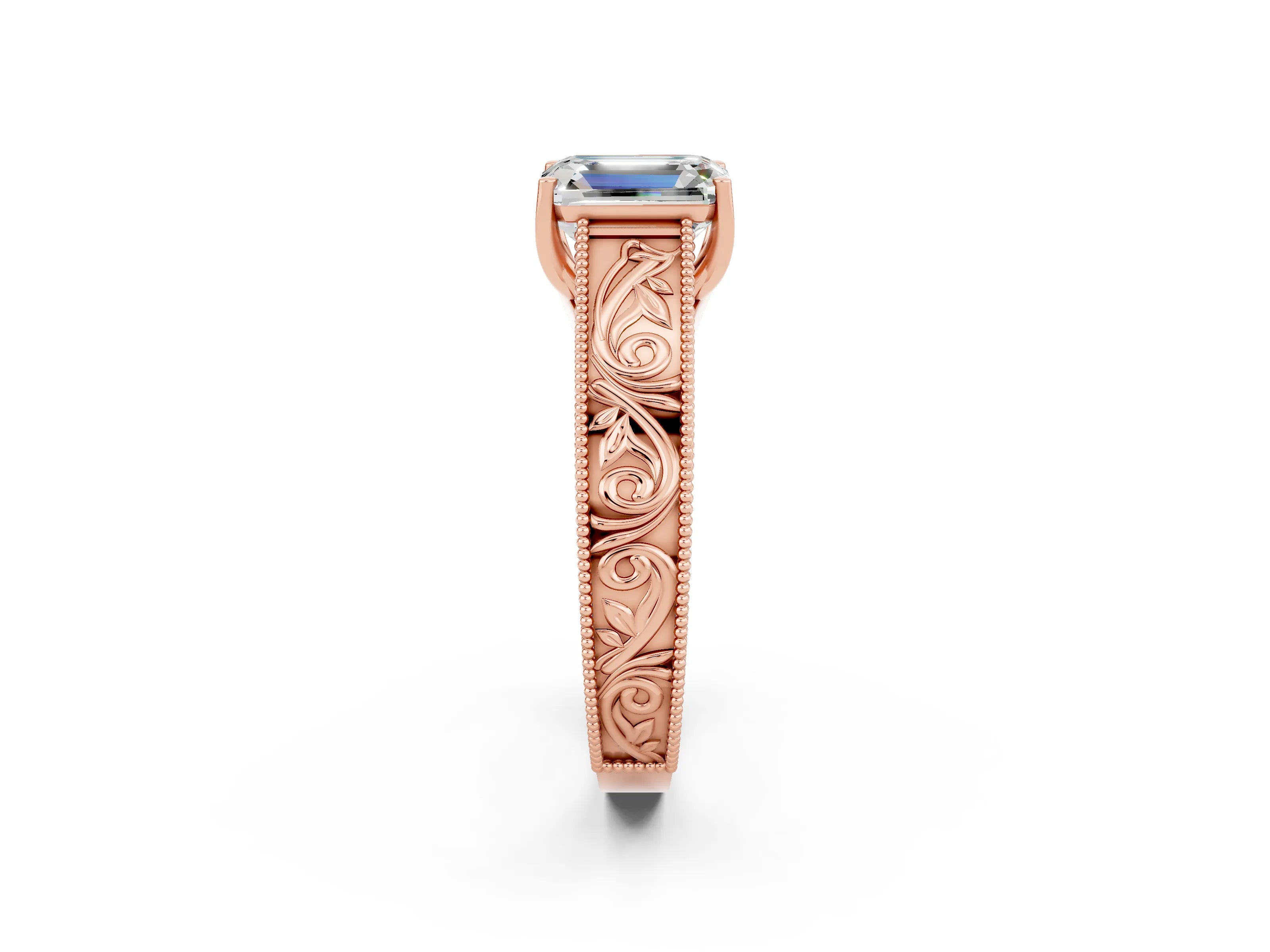 Rose gold Emerald Cut Moissanite Solitaire Ring with Engraved Band and Four-Prong Setting_2