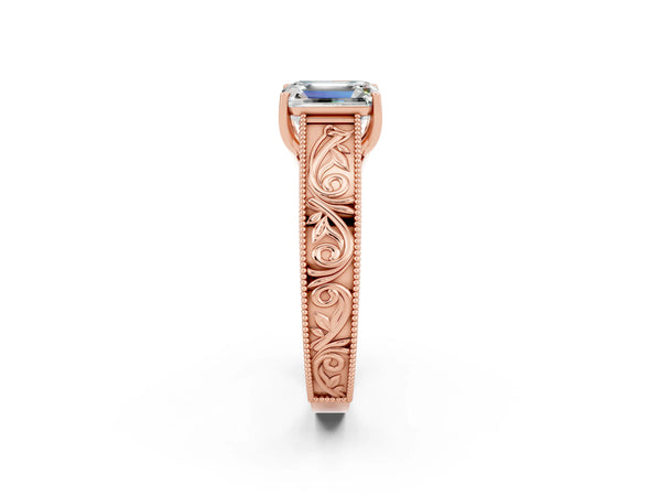 Rose gold Emerald Cut Moissanite Solitaire Ring with Engraved Band and Four-Prong Setting
