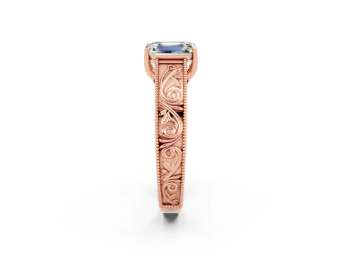 Rose gold Emerald Cut Moissanite Solitaire Ring with Engraved Band and Four-Prong Setting_2