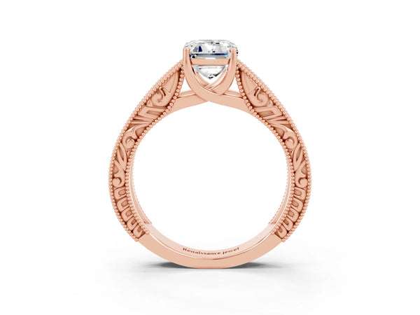 Rose gold Emerald Cut Moissanite Solitaire Ring with Engraved Band and Four-Prong Setting