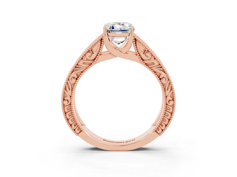 Rose gold Emerald Cut Moissanite Solitaire Ring with Engraved Band and Four-Prong Setting_3