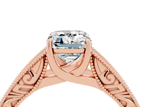 Rose gold Emerald Cut Moissanite Solitaire Ring with Engraved Band and Four-Prong Setting_4