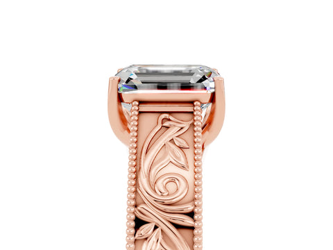Rose gold Emerald Cut Moissanite Solitaire Ring with Engraved Band and Four-Prong Setting_5