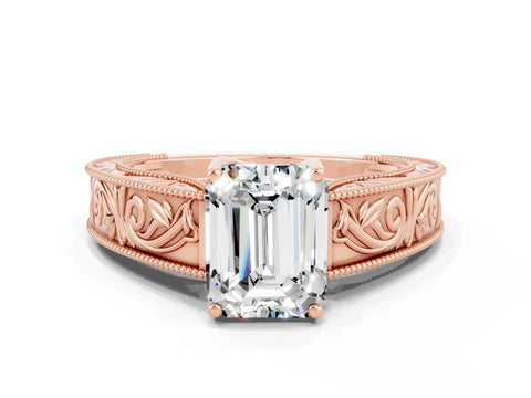 Rose gold Emerald Cut Moissanite Solitaire Ring with Engraved Band and Four-Prong Setting