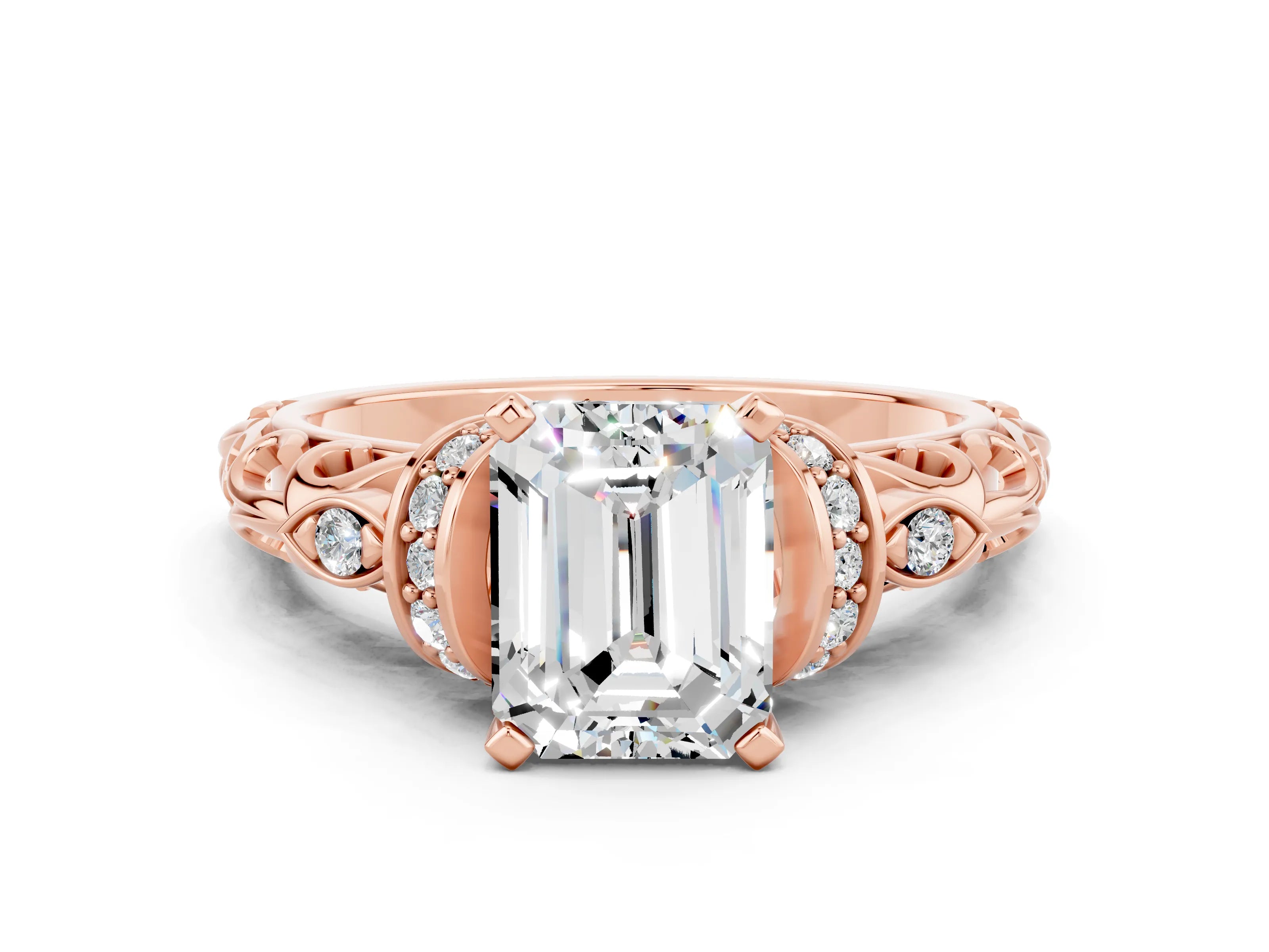 Rose gold Emerald Cut Moissanite Solitaire Ring with Filigree Band and Four-Prong Setting_24