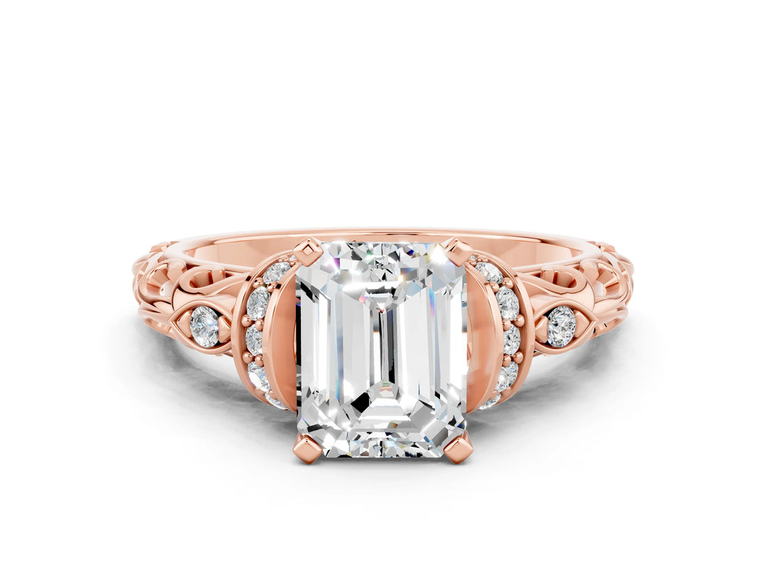 Rose gold Emerald Cut Moissanite Solitaire Ring with Filigree Band and Four-Prong Setting_24