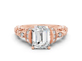 Rose gold Emerald Cut Moissanite Solitaire Ring with Filigree Band and Four-Prong Setting_24