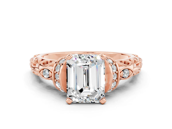 Rose gold Emerald Cut Moissanite Solitaire Ring with Filigree Band and Four-Prong Setting