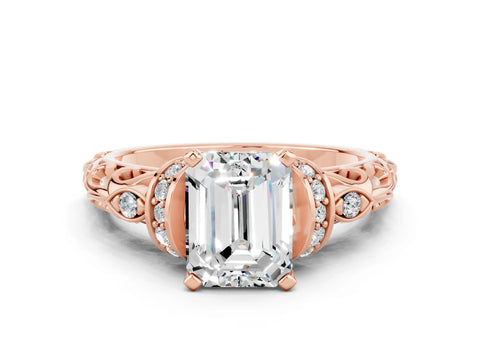 Rose gold Emerald Cut Moissanite Solitaire Ring with Filigree Band and Four-Prong Setting_24