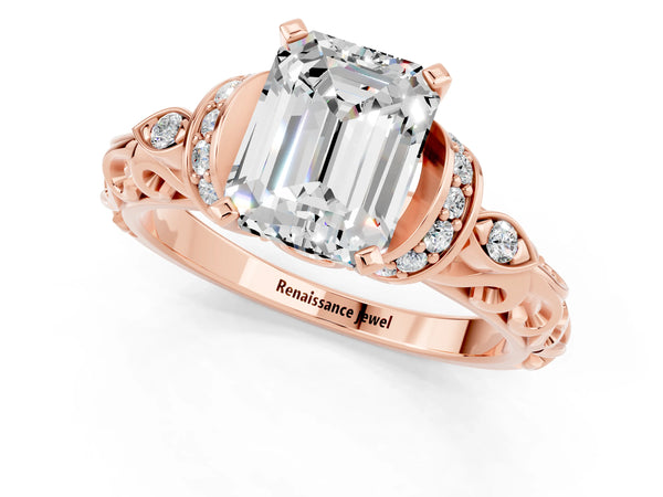Rose gold Emerald Cut Moissanite Solitaire Ring with Filigree Band and Four-Prong Setting