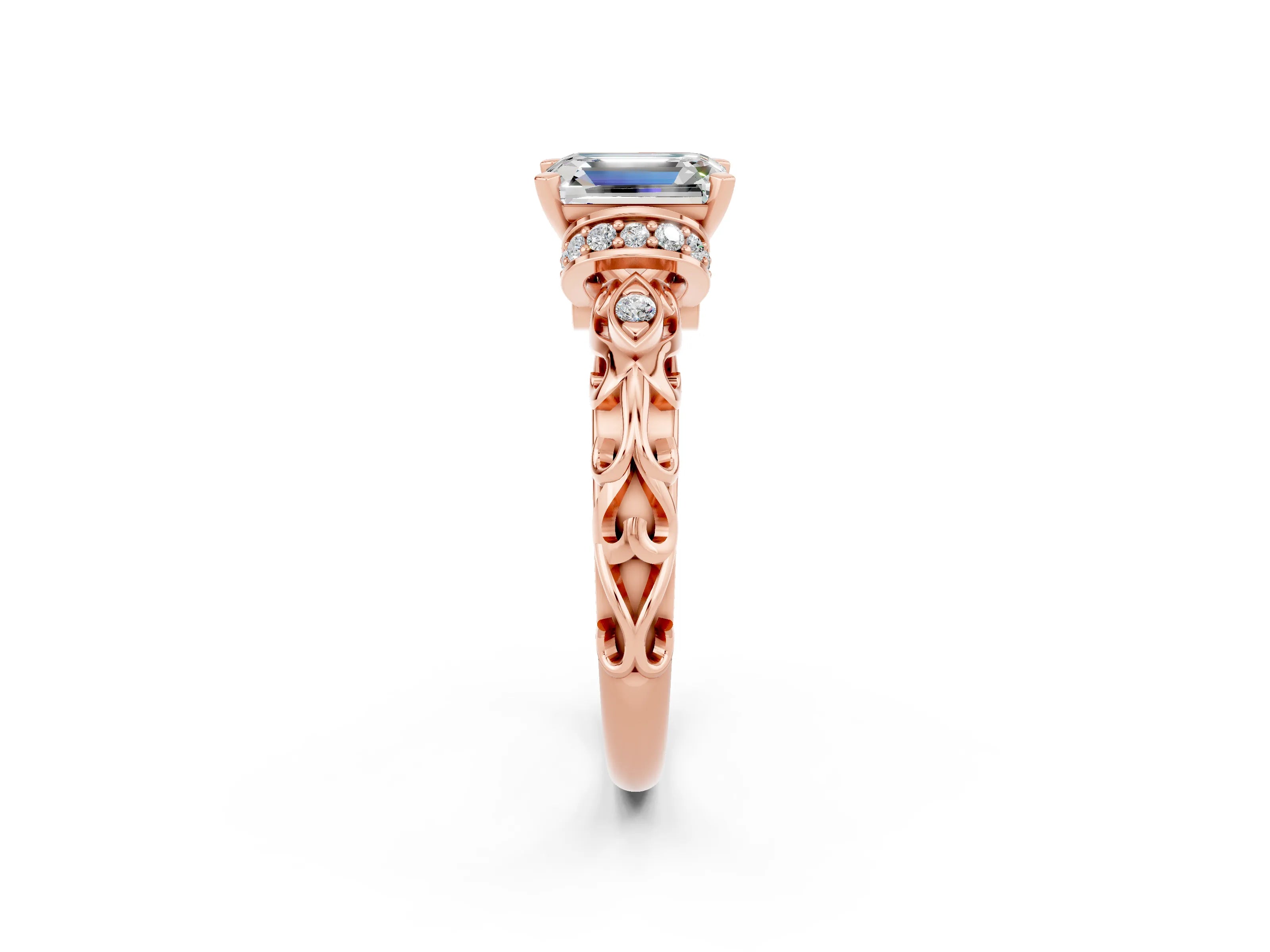 Rose gold Emerald Cut Moissanite Solitaire Ring with Filigree Band and Four-Prong Setting_26