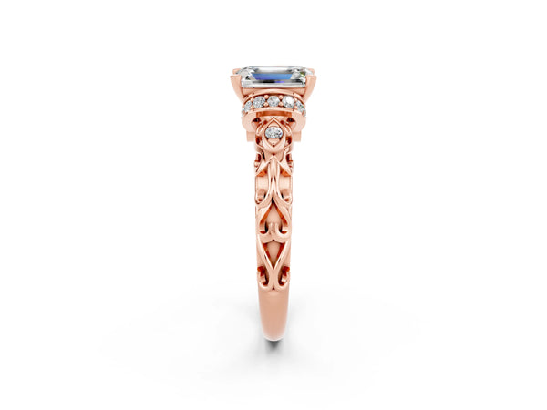 Rose gold Emerald Cut Moissanite Solitaire Ring with Filigree Band and Four-Prong Setting