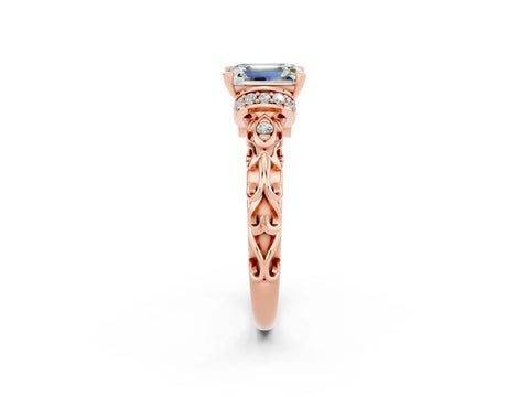 Rose gold Emerald Cut Moissanite Solitaire Ring with Filigree Band and Four-Prong Setting_26