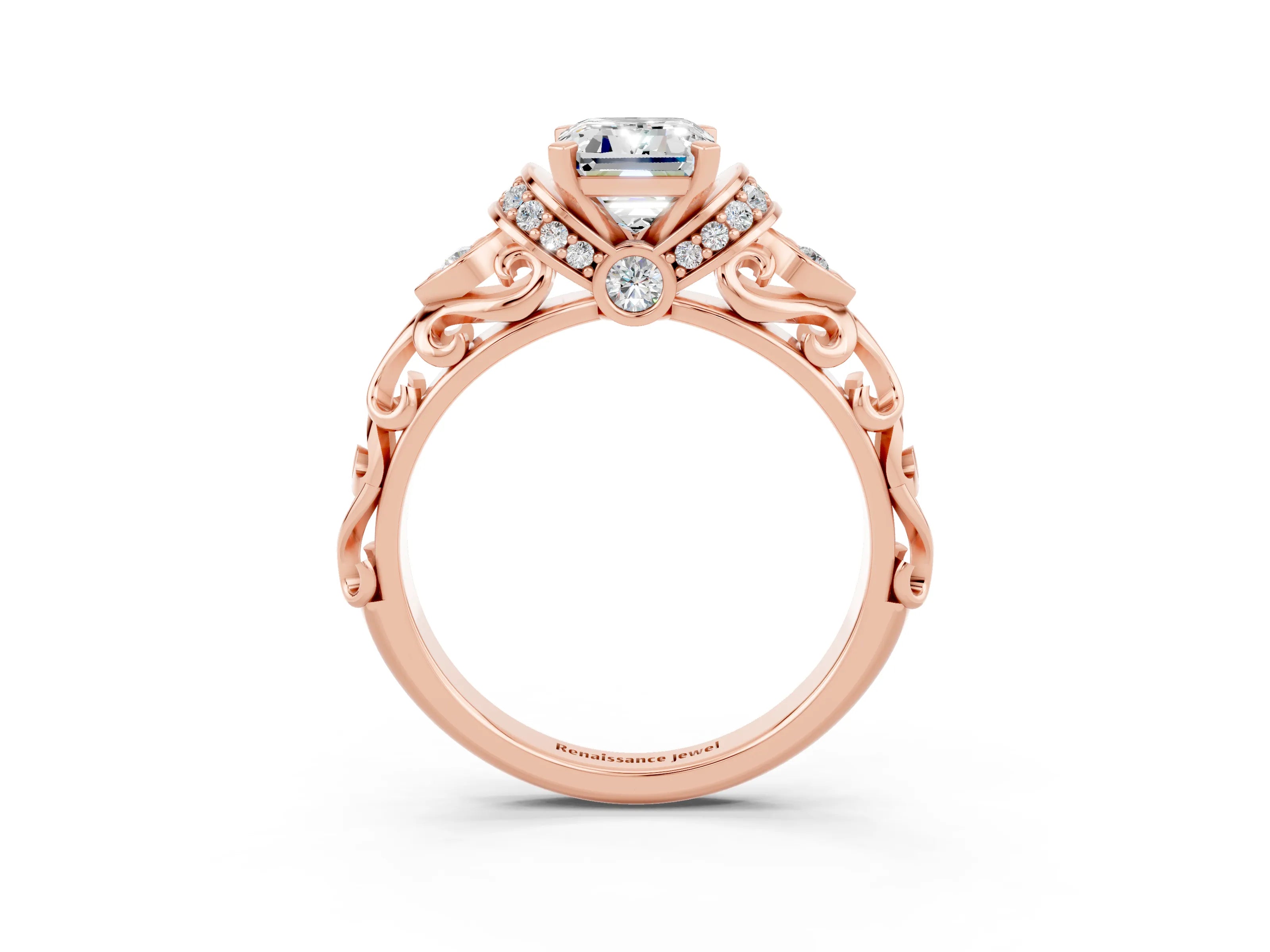 Rose gold Emerald Cut Moissanite Solitaire Ring with Filigree Band and Four-Prong Setting_27
