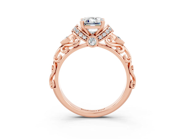 Rose gold Emerald Cut Moissanite Solitaire Ring with Filigree Band and Four-Prong Setting