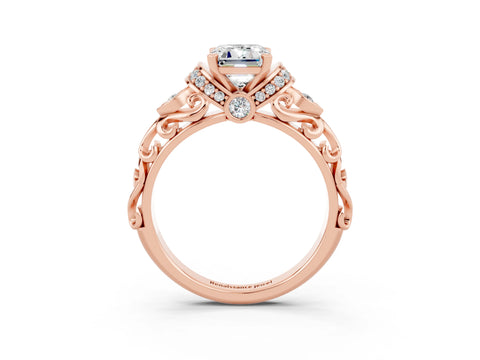 Rose gold Emerald Cut Moissanite Solitaire Ring with Filigree Band and Four-Prong Setting_27