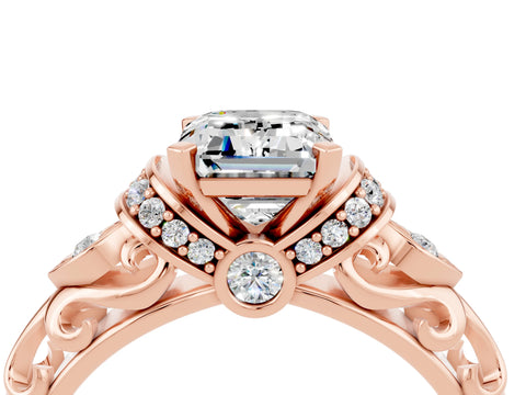 Rose gold Emerald Cut Moissanite Solitaire Ring with Filigree Band and Four-Prong Setting_28