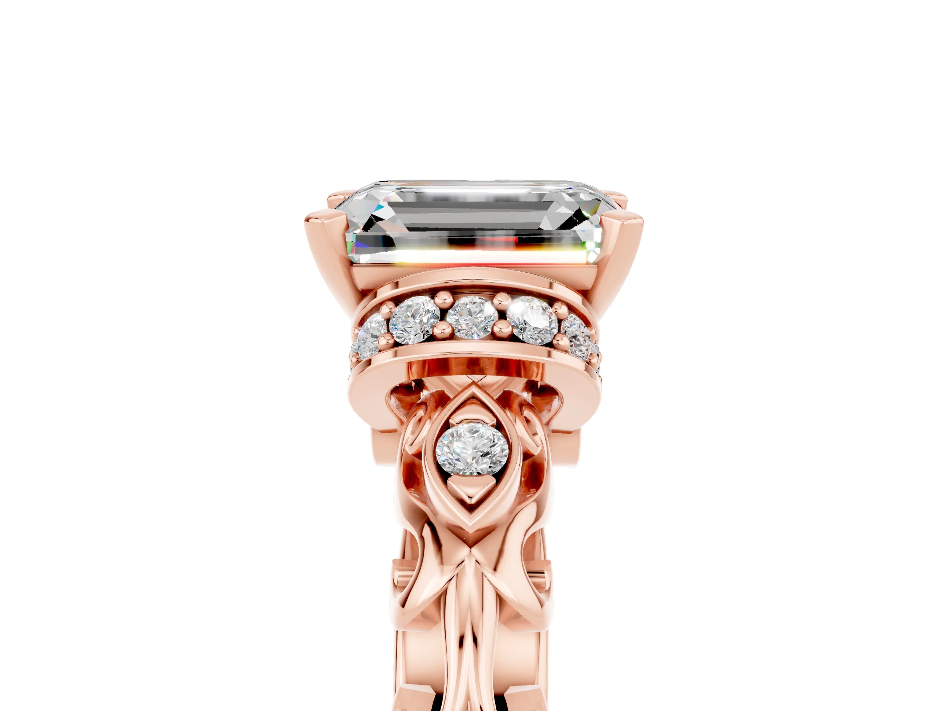 Rose gold Emerald Cut Moissanite Solitaire Ring with Filigree Band and Four-Prong Setting_29