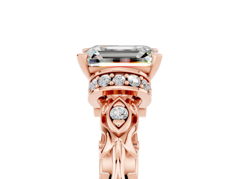 Rose gold Emerald Cut Moissanite Solitaire Ring with Filigree Band and Four-Prong Setting_29