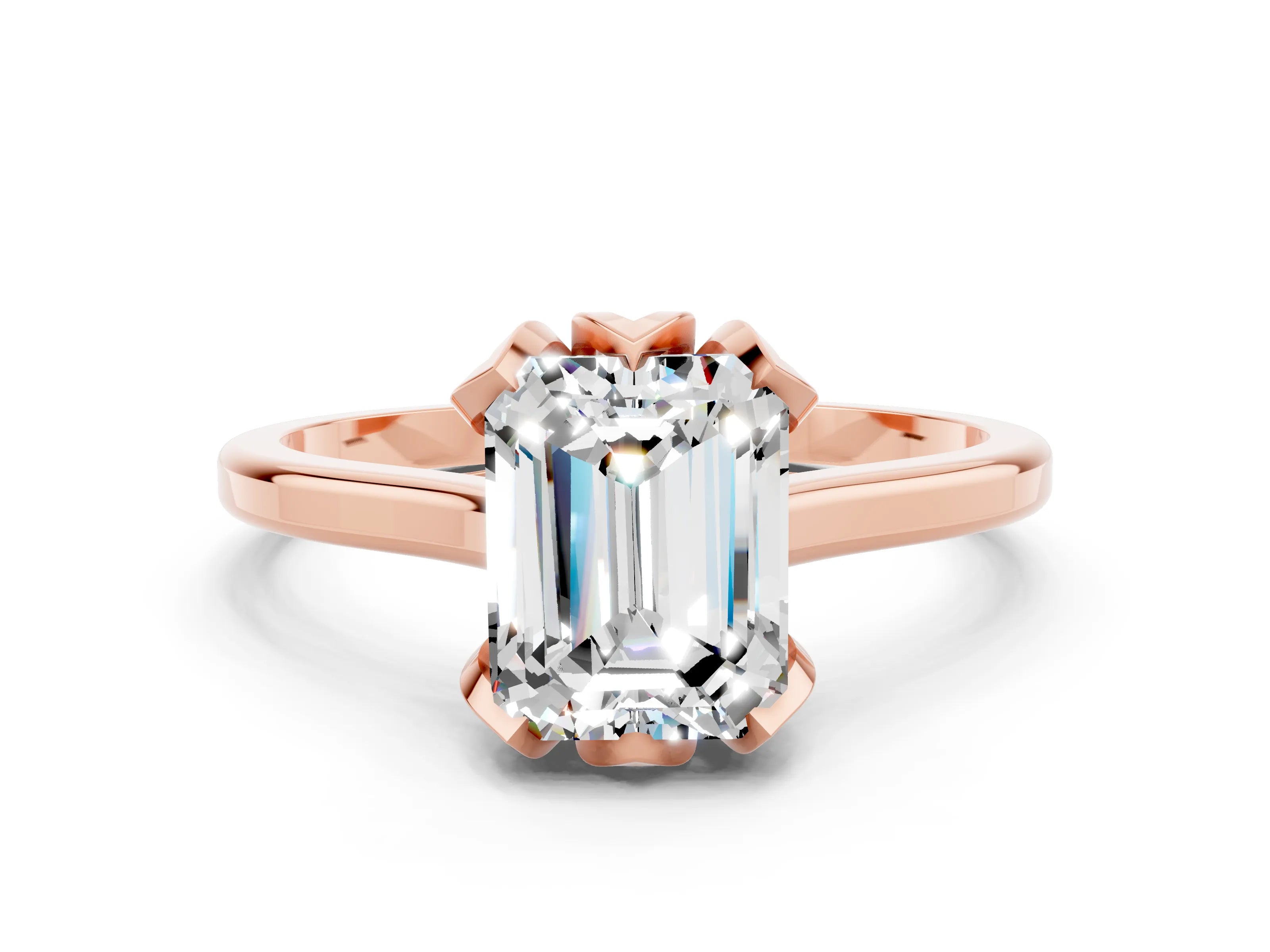 Rose gold Emerald Cut Moissanite Solitaire Ring with Flower Prong Setting and Classic Band_12