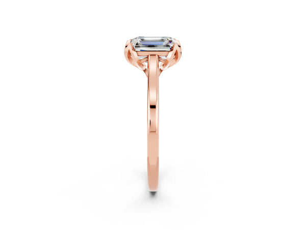 Rose gold Emerald Cut Moissanite Solitaire Ring with Flower Prong Setting and Classic Band