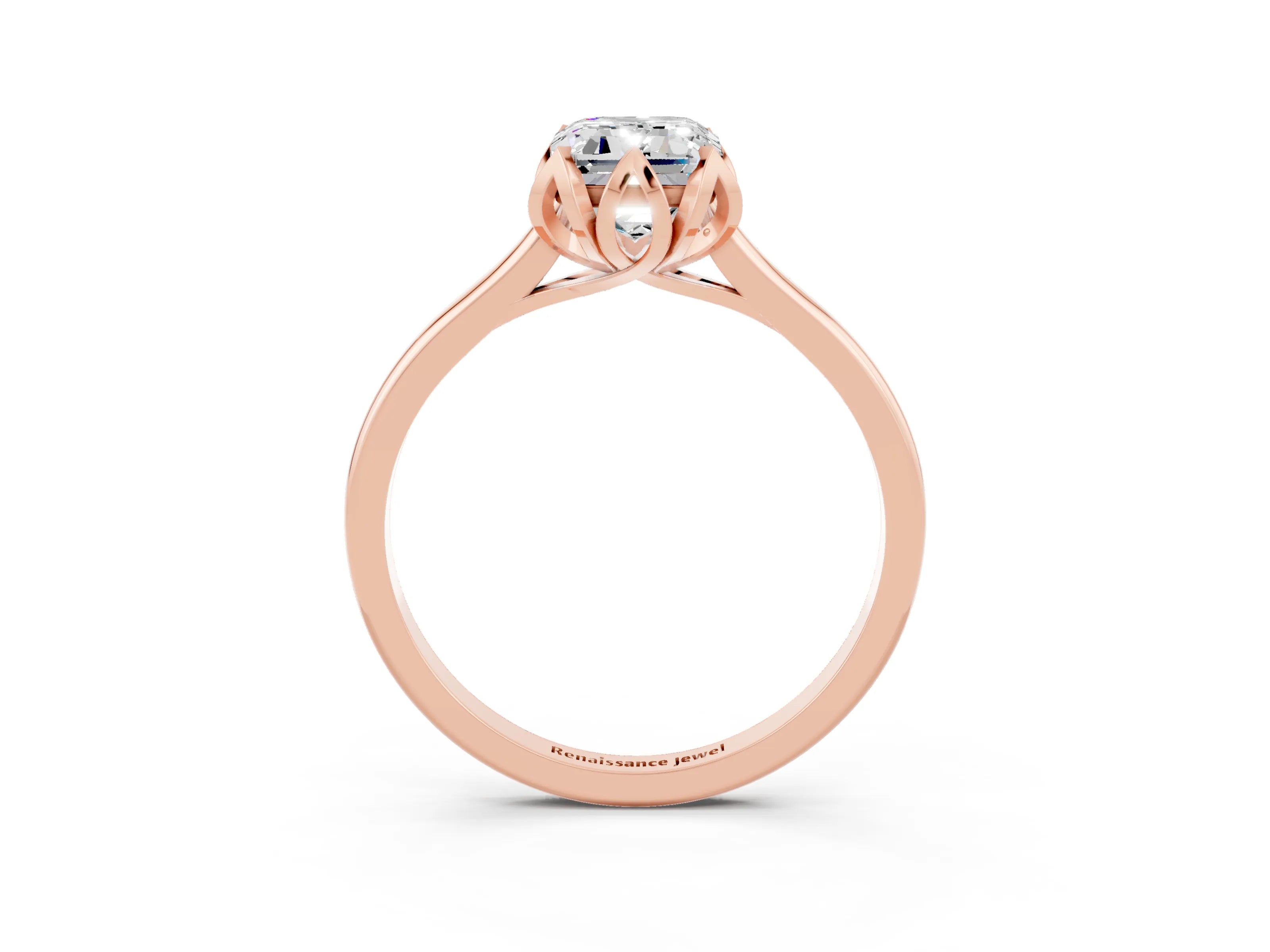 Rose gold Emerald Cut Moissanite Solitaire Ring with Flower Prong Setting and Classic Band_15