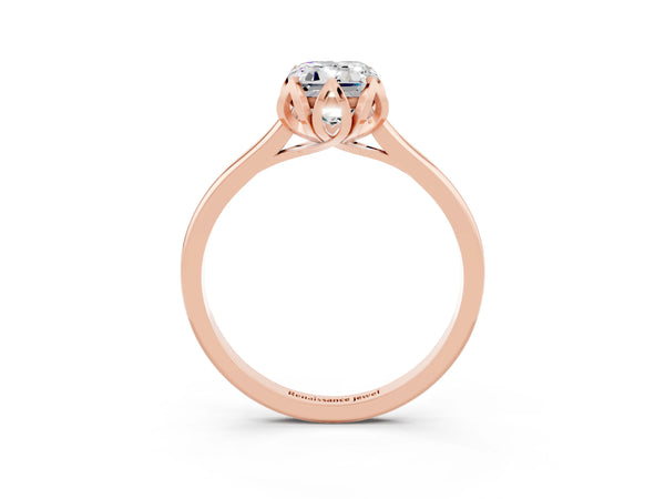 Rose gold Emerald Cut Moissanite Solitaire Ring with Flower Prong Setting and Classic Band